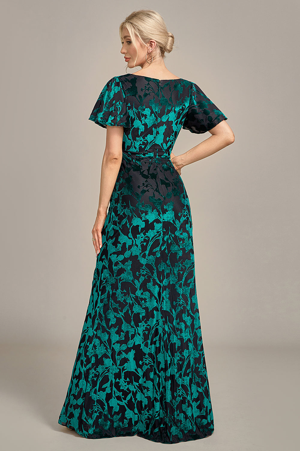 Peacock Green A-Line V Neck Burnout Velvet Floor Length Dress With Short Sleeves