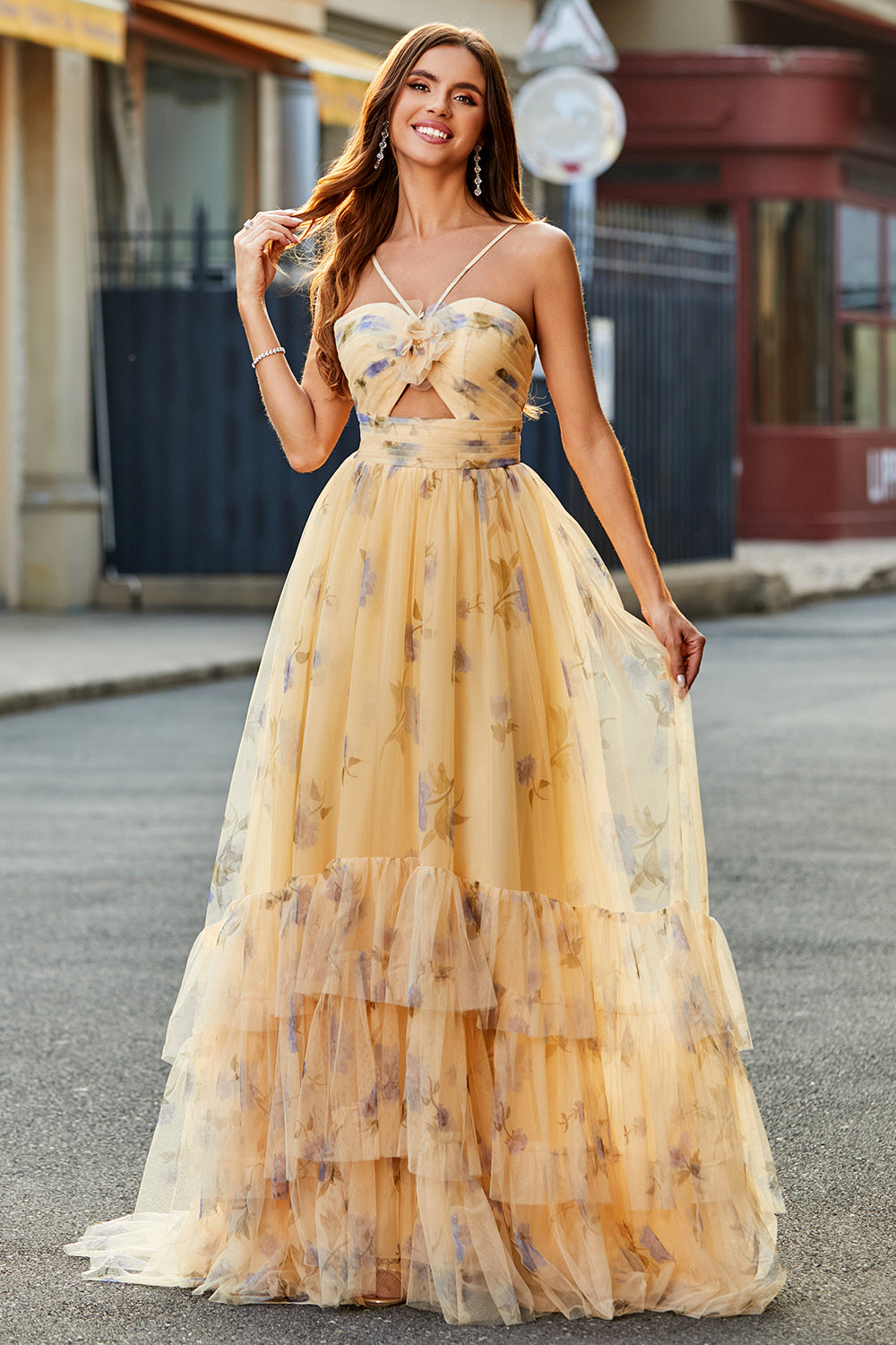 Champagne A-Line Halter Print Floral Pleated Tulle Tiered Long Prom Dress