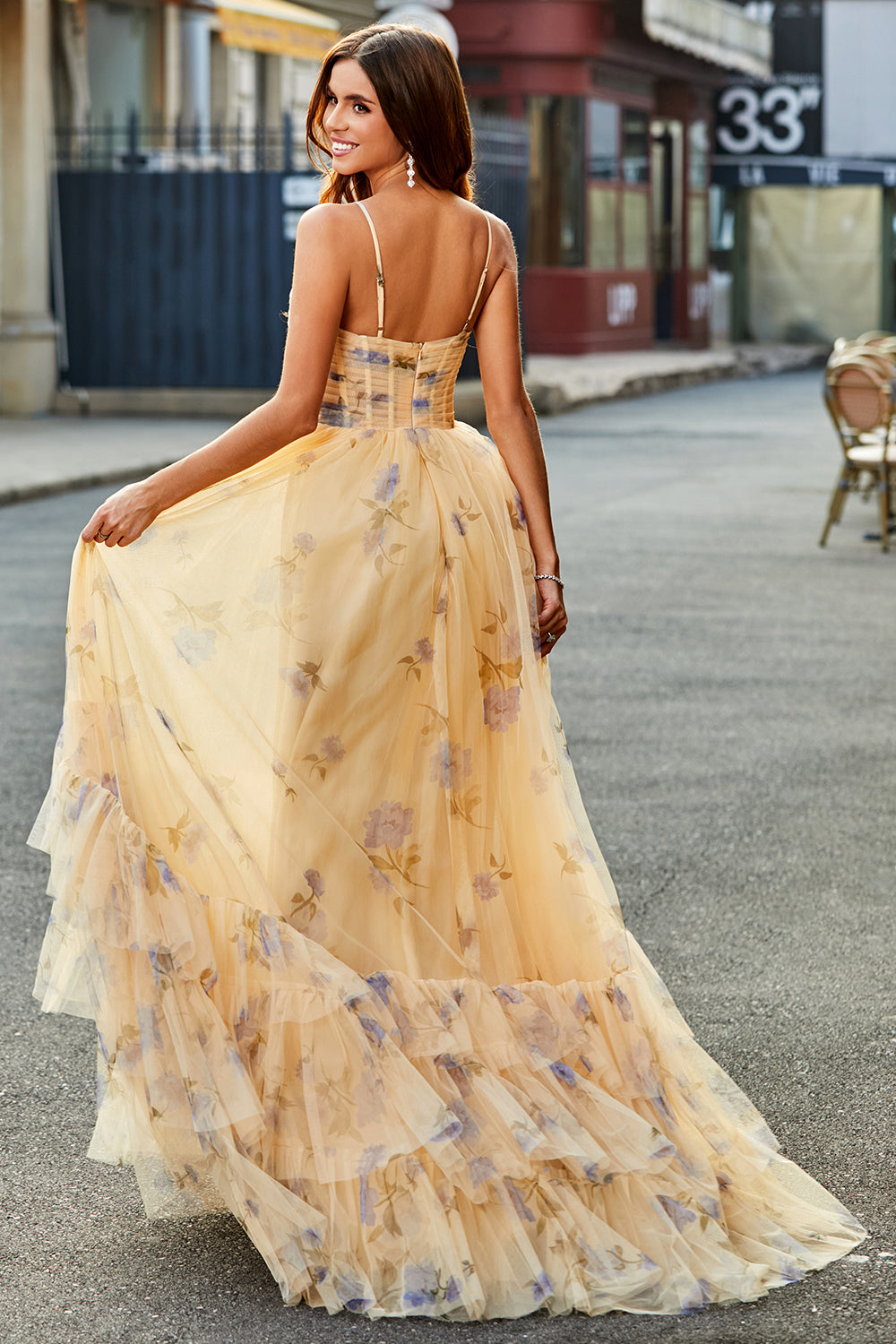 Champagne A-Line Halter Print Floral Pleated Tulle Tiered Long Prom Dress