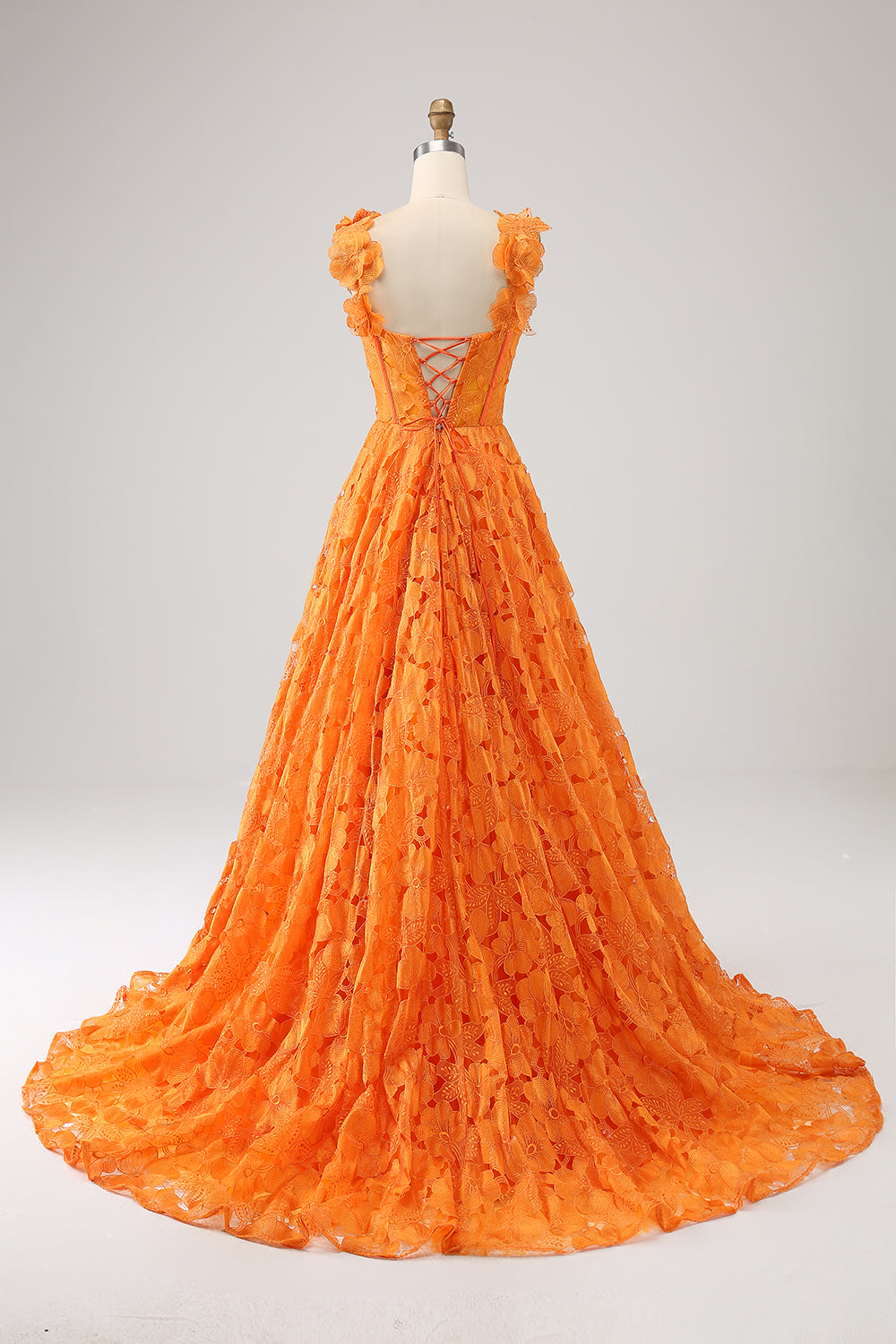 Orange A-Line Spaghetti Straps Corset Applique Prom Dress With Slit