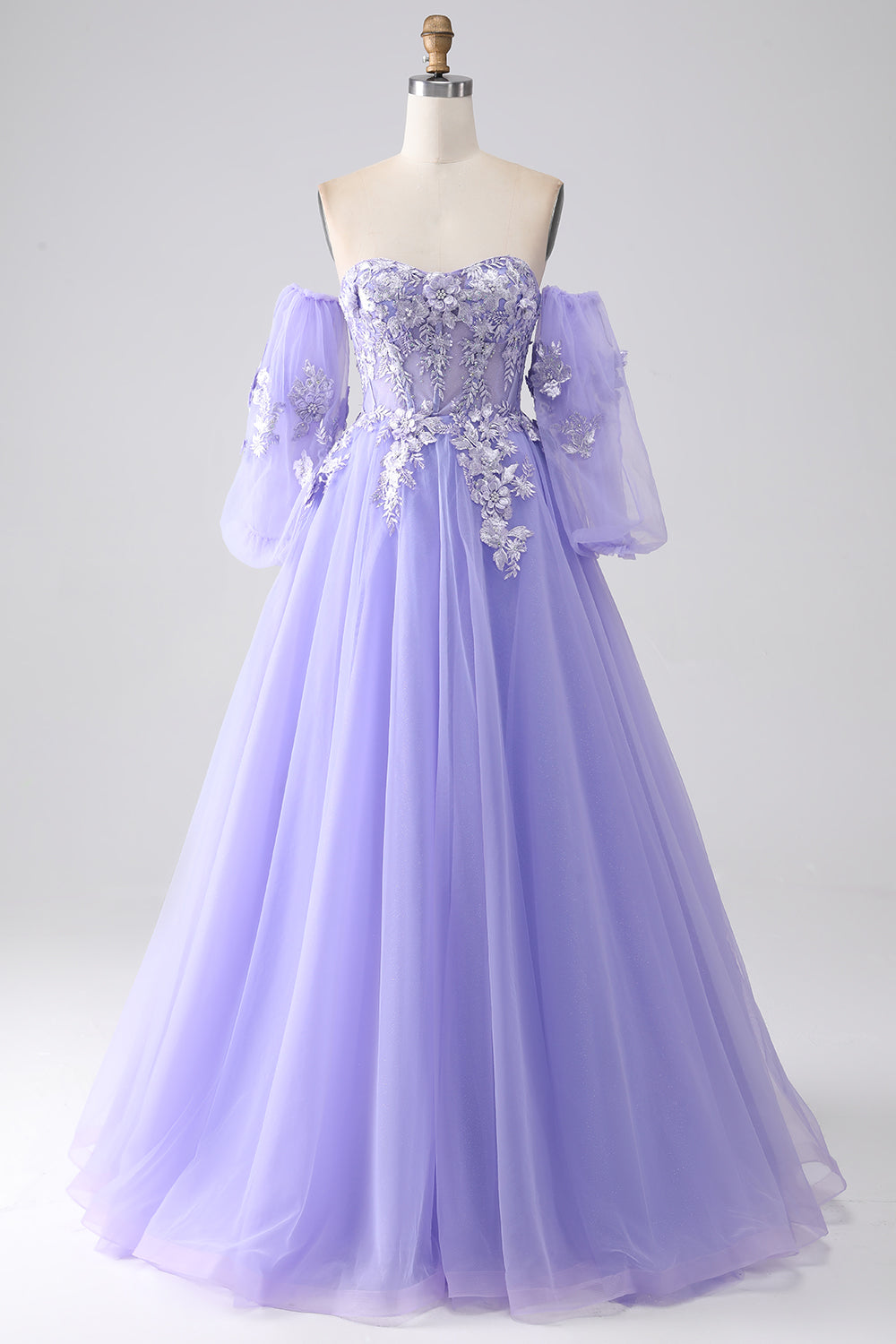 Lavender A Line Sweetheart Off The Shoulder Corset Prom Dress with Appliques