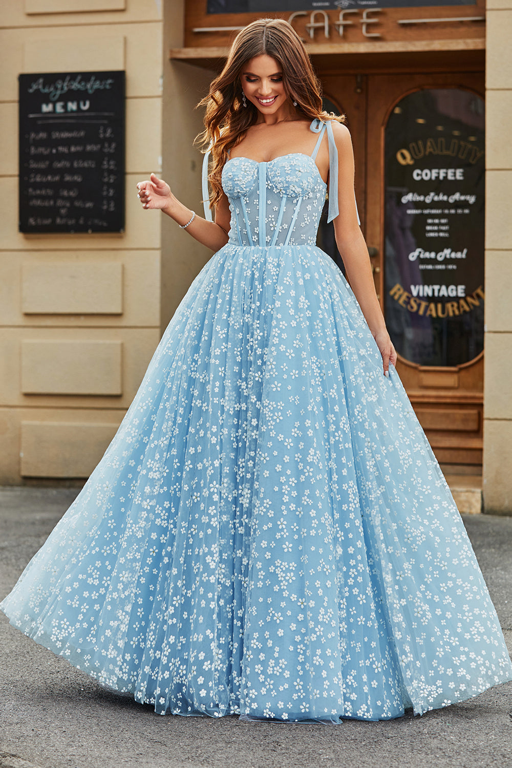 Sky Blue Ball-Gown Spaghetti Straps Corset Long Prom Dress With Floral