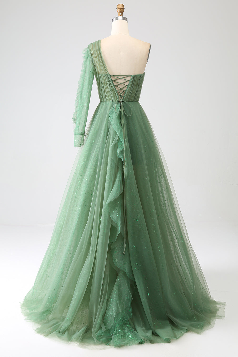 Dark Green A-Line One-Shoulder Long Tulle Prom Dress With Long Sleeves