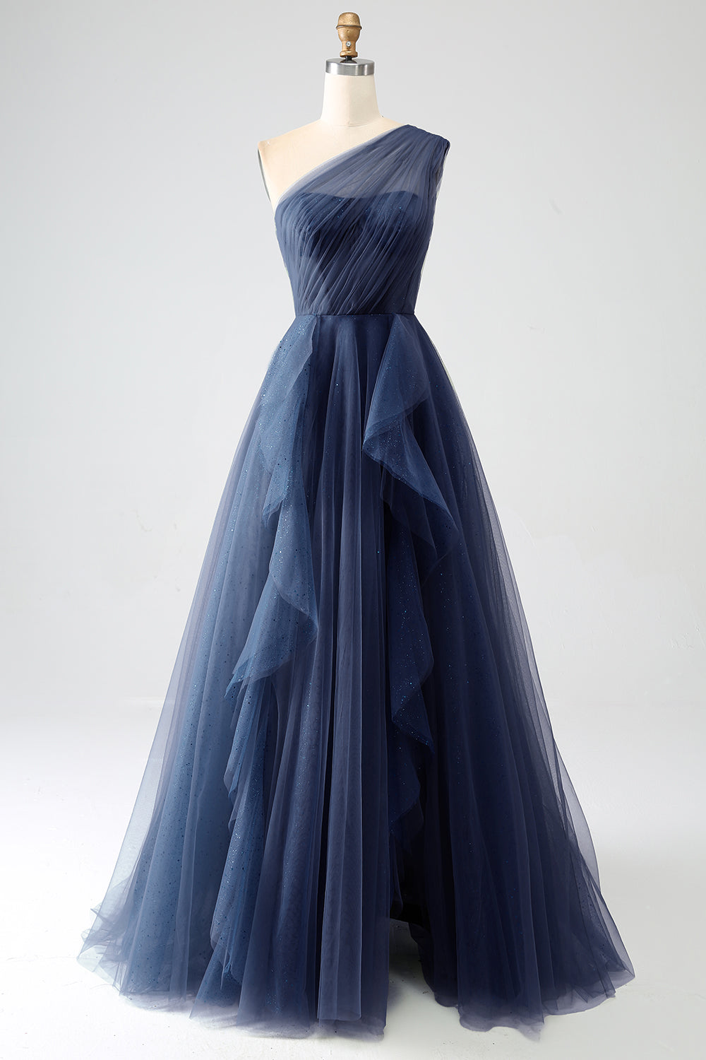 Navy A-Line One-Shoulder Long Tulle Prom Dress With Slit