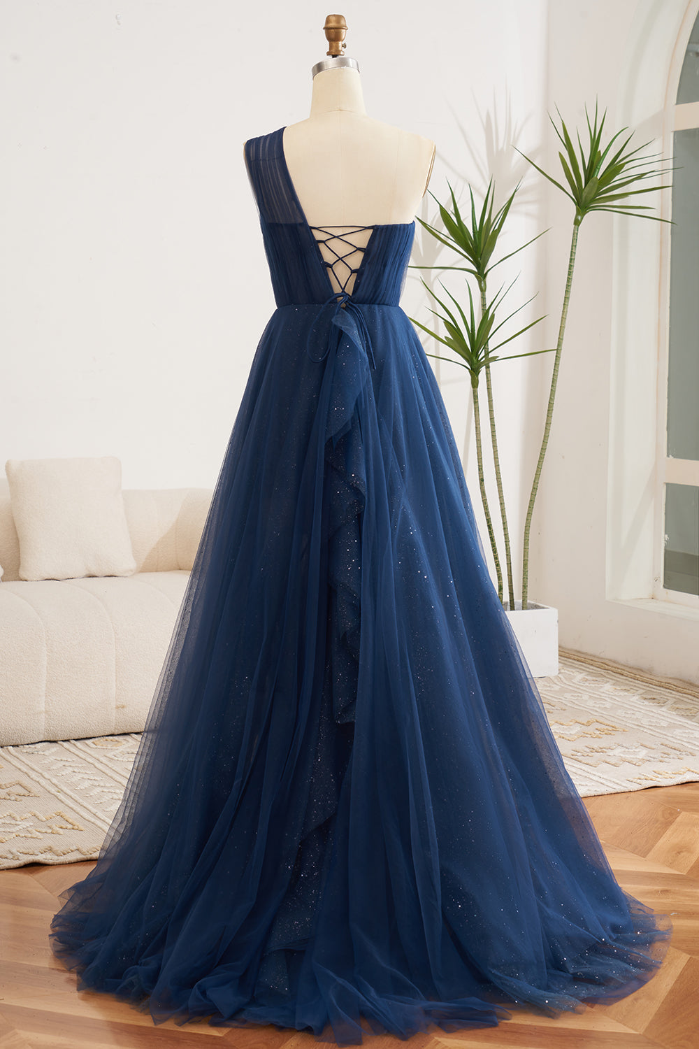 Navy A-Line One Shoulder Tulle Long Prom Dress With Slit