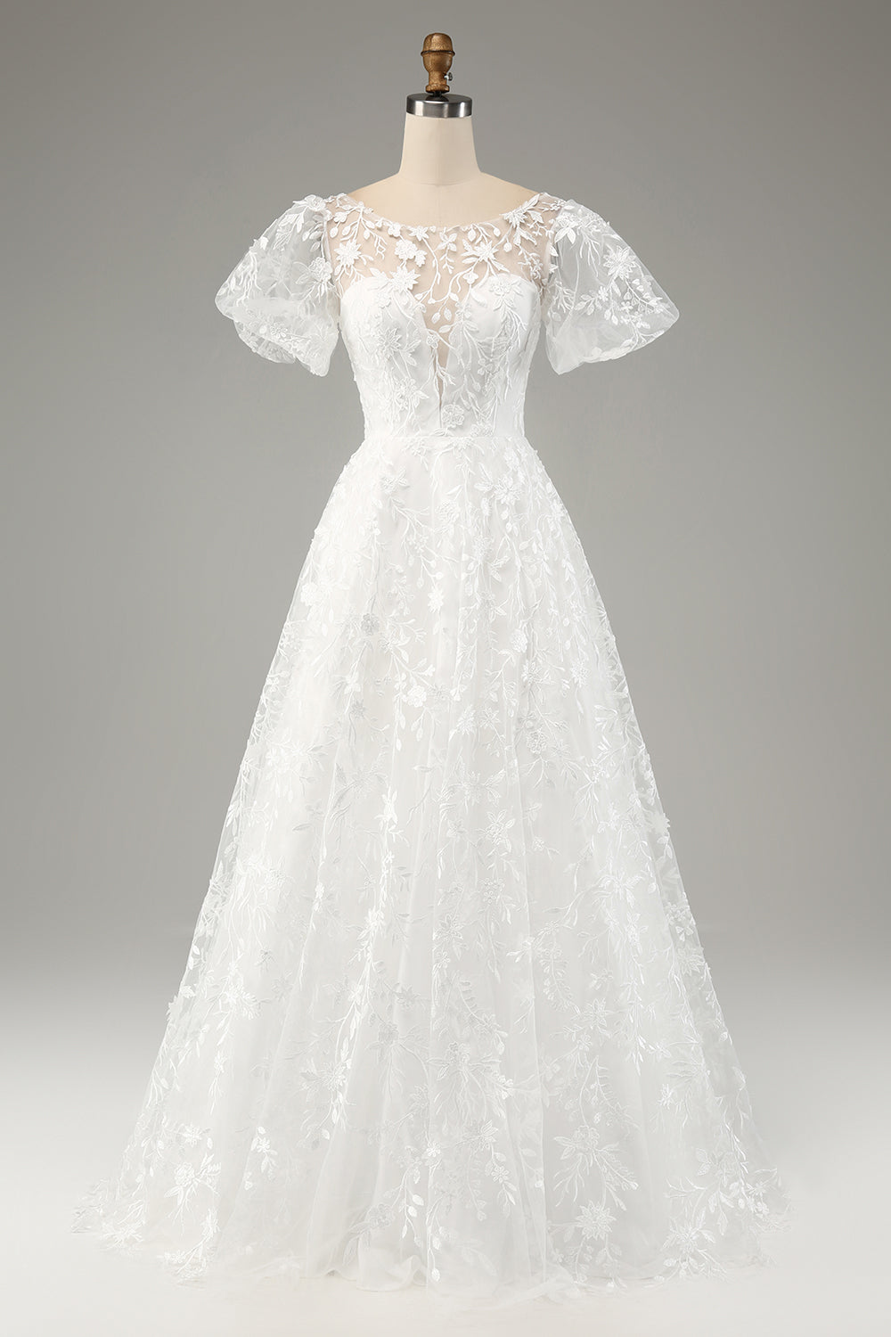 Ivory Ball-Gown/Princess Embroidered Long Wedding Dress with Short Sleeves