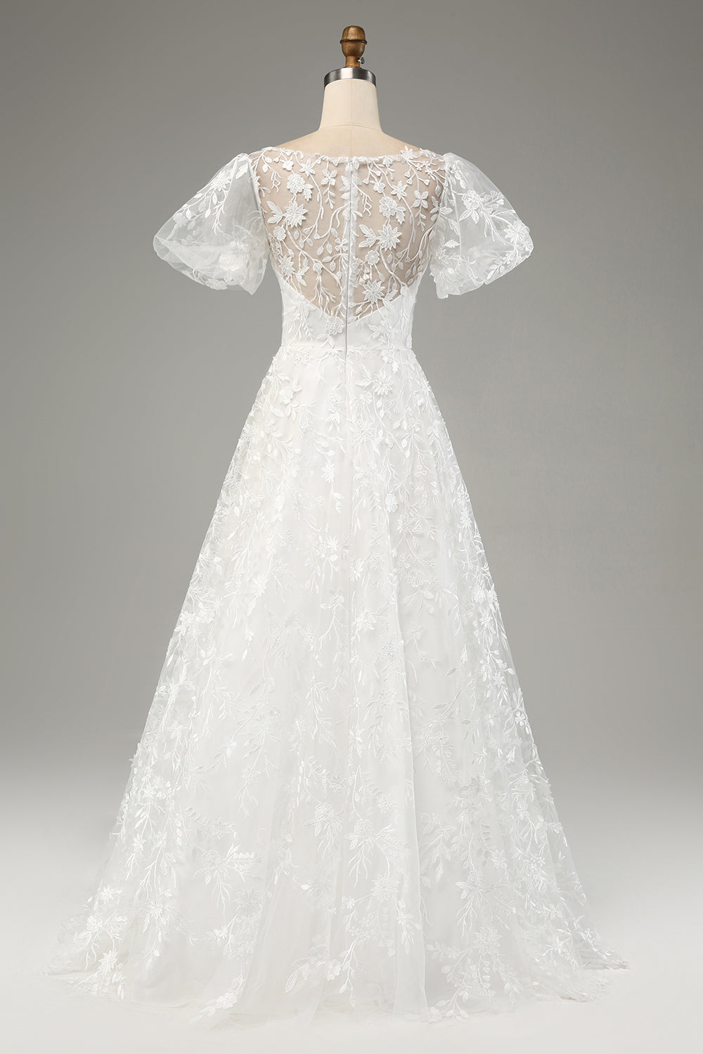 Ivory Ball-Gown/Princess Embroidered Long Wedding Dress with Short Sleeves