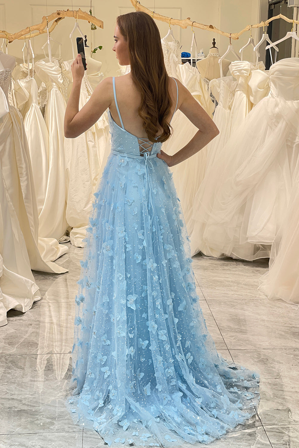 Sparkly Sky Blue A Line Spaghetti Straps Beaded Prom Dress with 3D Butterflies