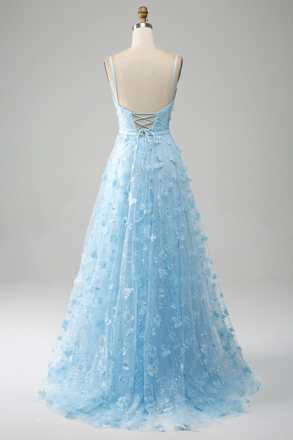 Sky Blue A Line Spaghetti Straps Beaded Long Prom Dress with 3D Butterflies