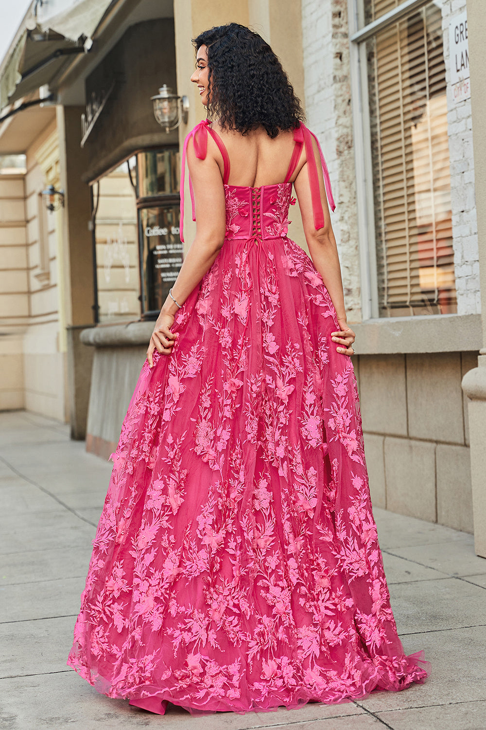 Fuchsia A-Line Spaghetti Straps Split Prom Dress with 3D Appliques