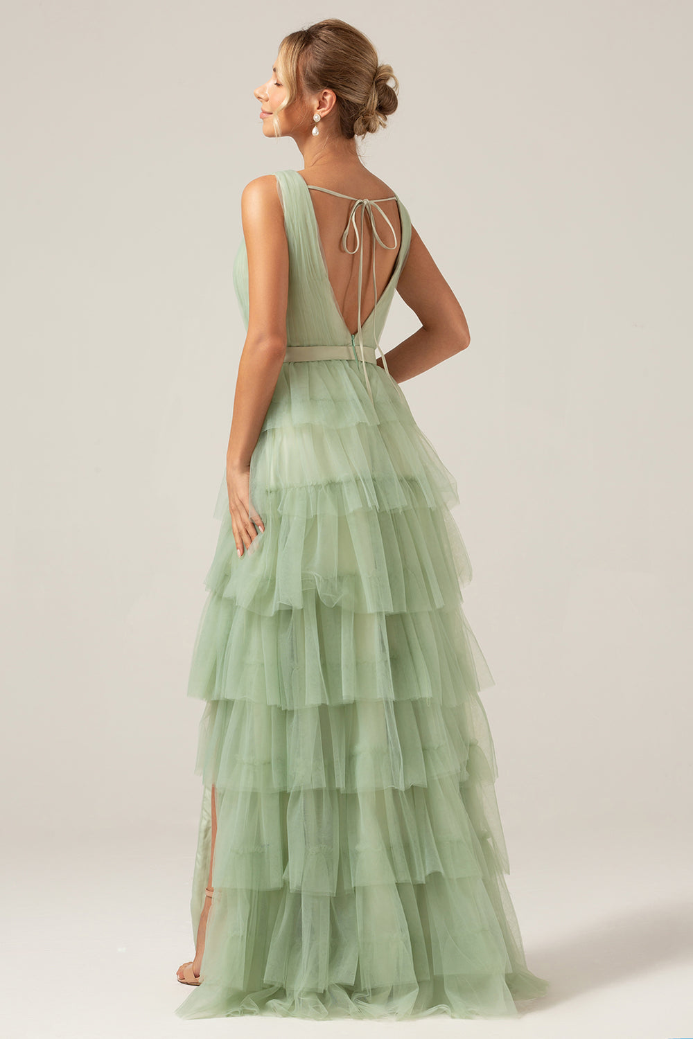 Grey Green Tulle A-Line V Neck Tiered Maxi Dress With Slit