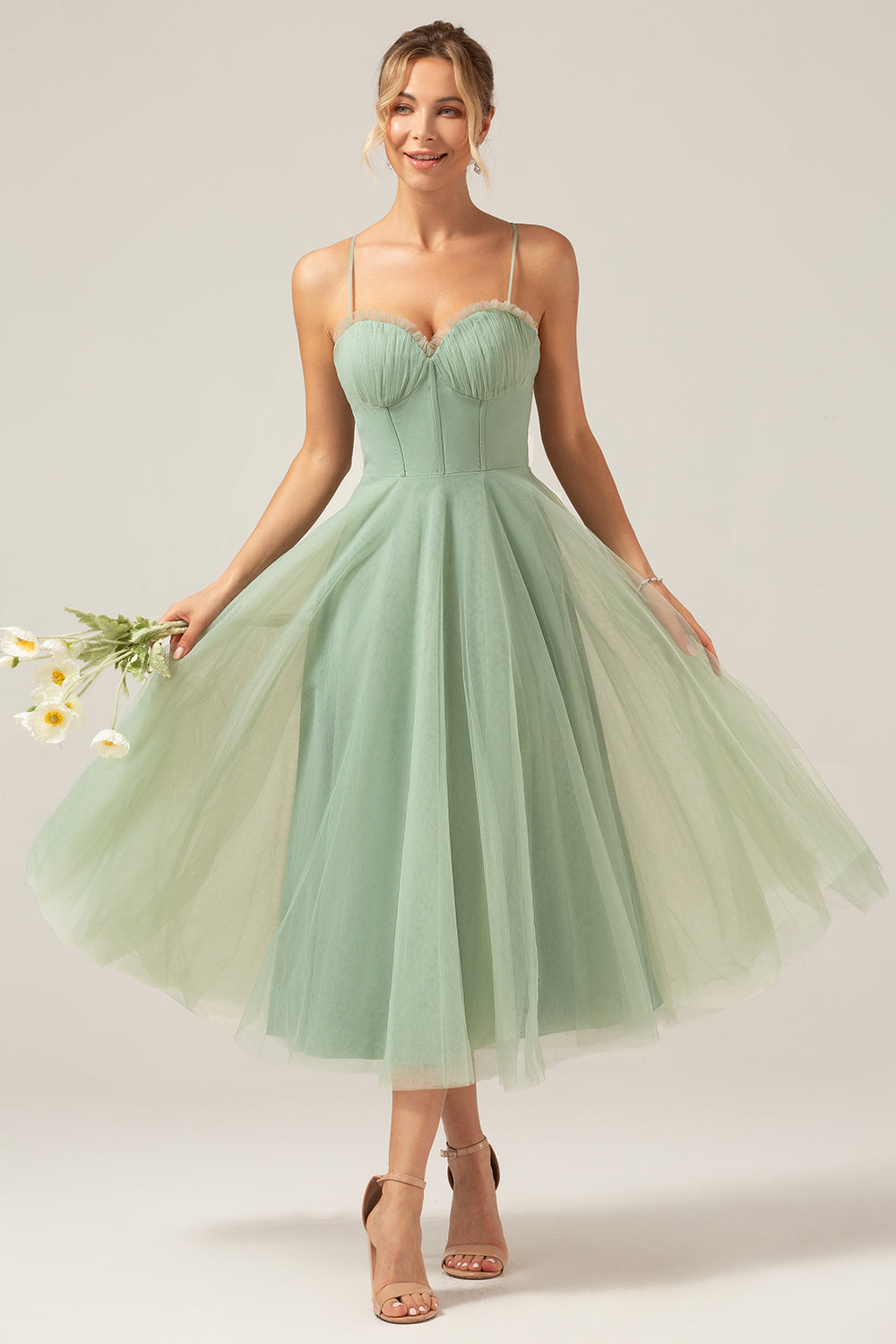 A-Line Spaghetti Straps Tea-Length Corset Tulle Matcha Bridesmaid Dress