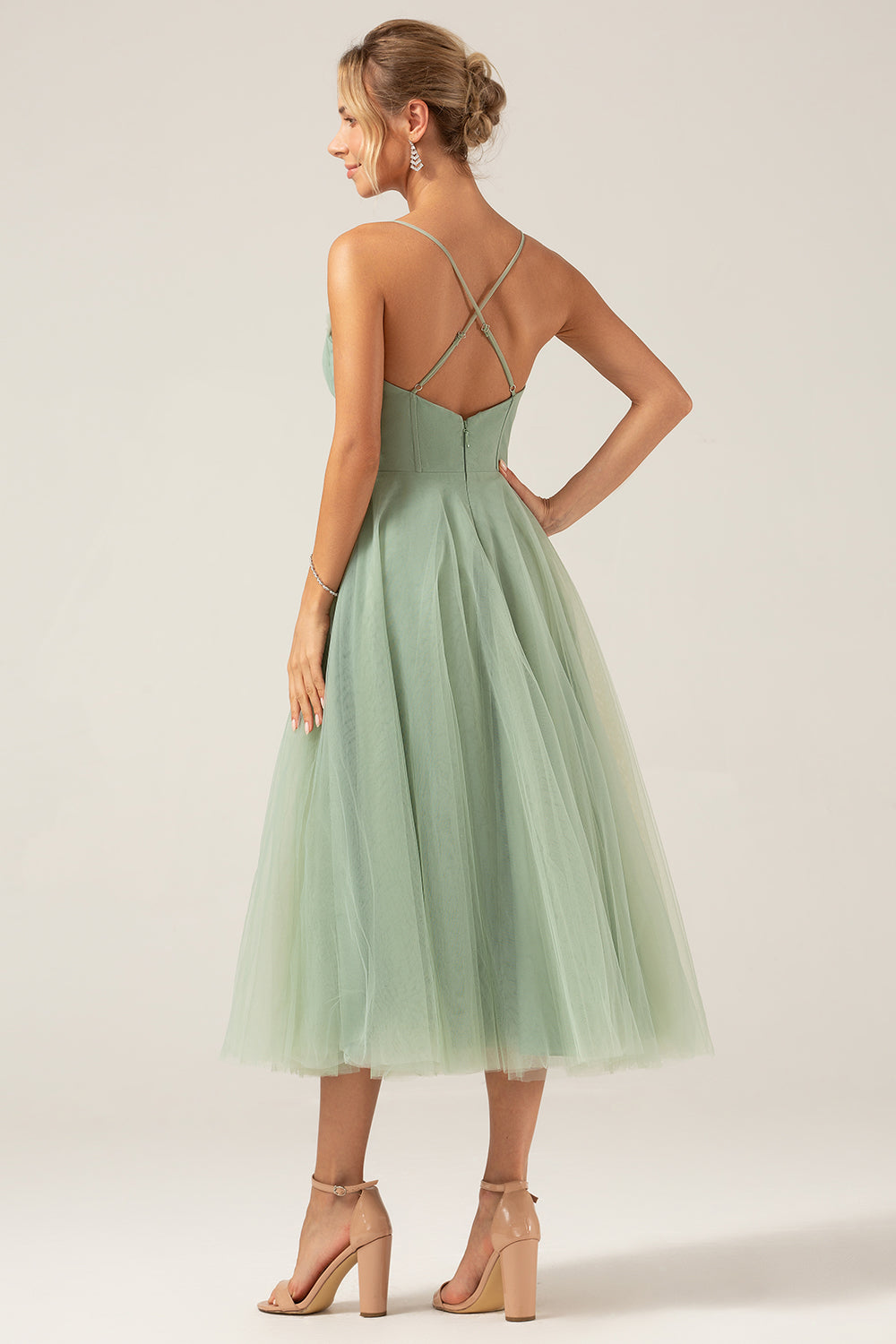 A-Line Spaghetti Straps Tea-Length Corset Tulle Matcha Bridesmaid Dress