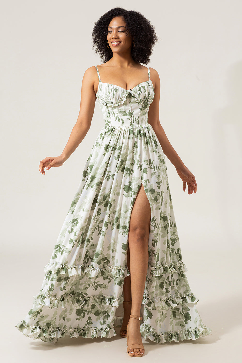 A-Line Spaghetti Straps Printed Long Green Bridesmaid Dress With Slit