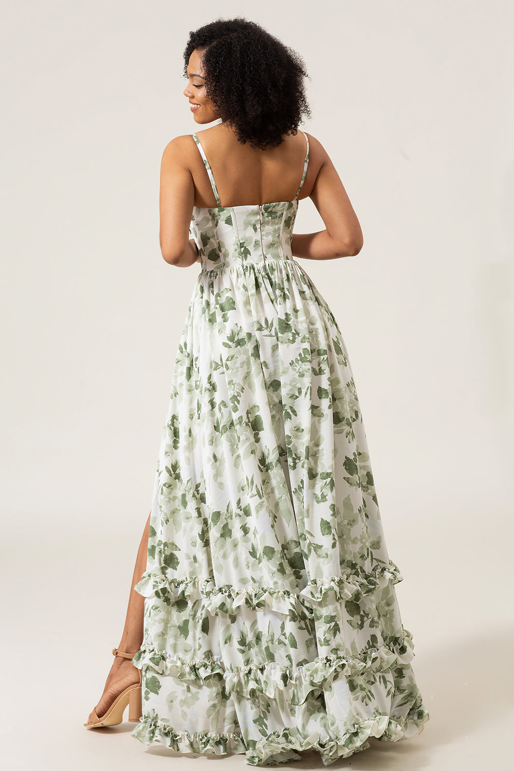 A-Line Spaghetti Straps Printed Long Green Bridesmaid Dress With Slit