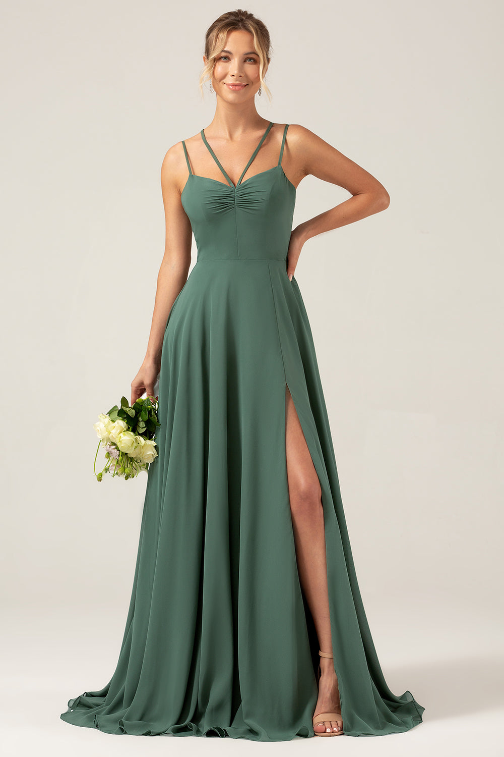 A-Line Spaghetti Straps Pleated Chiffon Eucalyptus Bridesmaid Dress With Slit