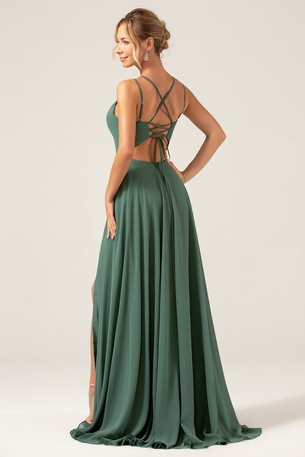 A-Line Spaghetti Straps Pleated Chiffon Eucalyptus Bridesmaid Dress With Slit