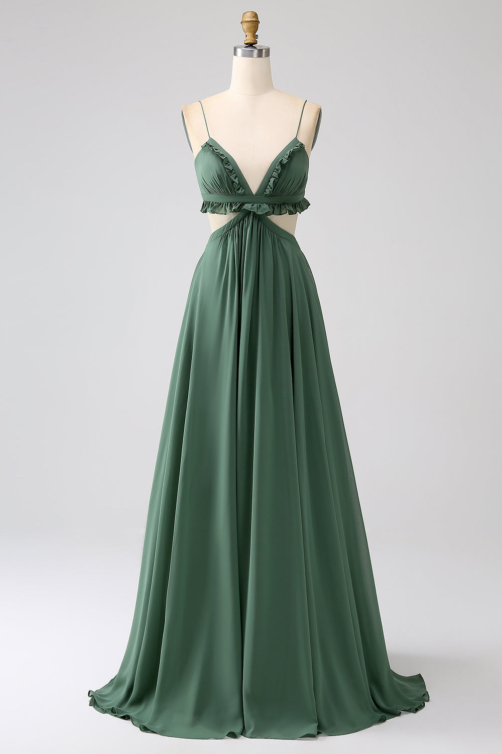 Eucalyptus A-Line Spaghetti Straps Backless Chiffon Long Bridesmaid Dress