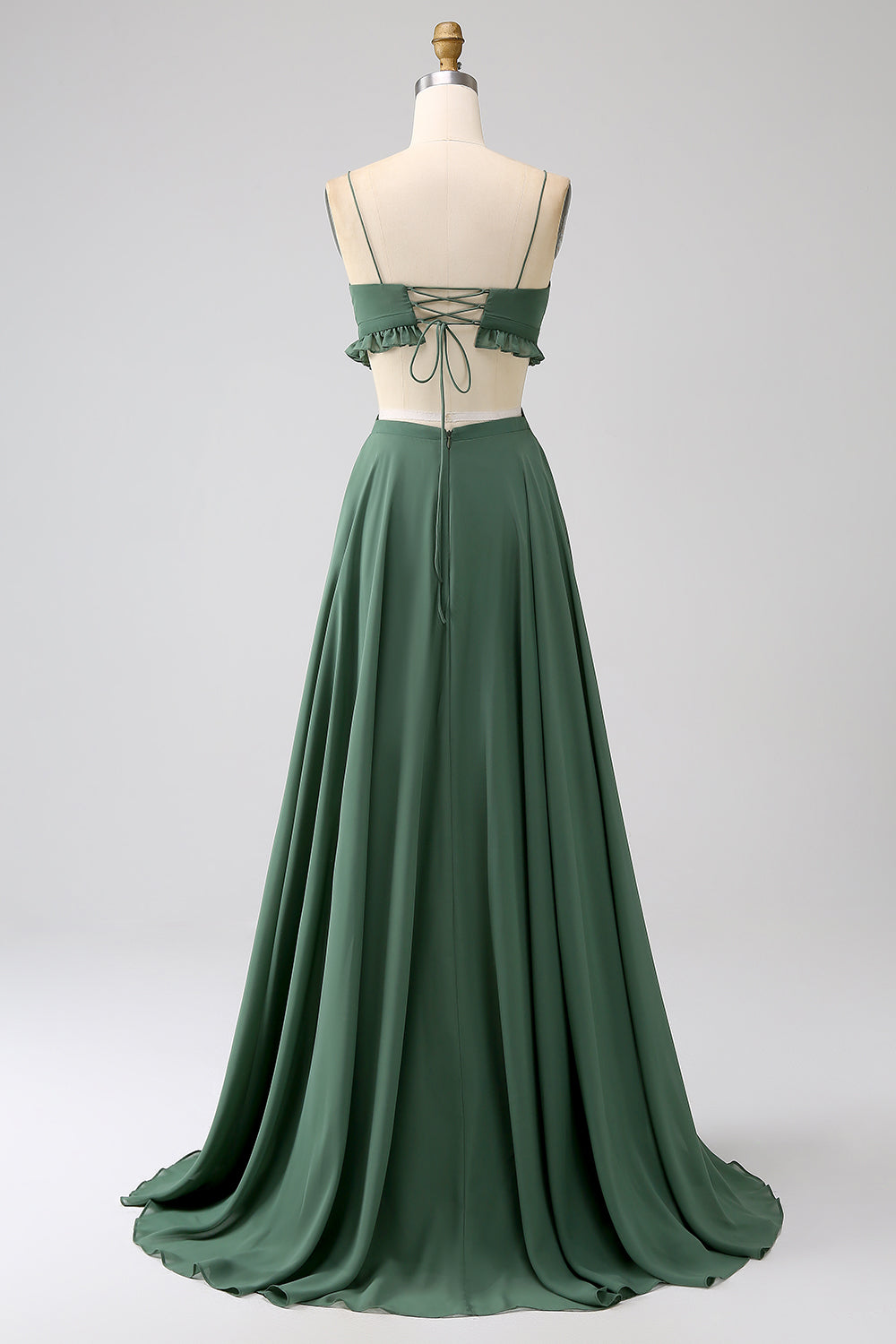 Eucalyptus A-Line Spaghetti Straps Backless Chiffon Long Bridesmaid Dress