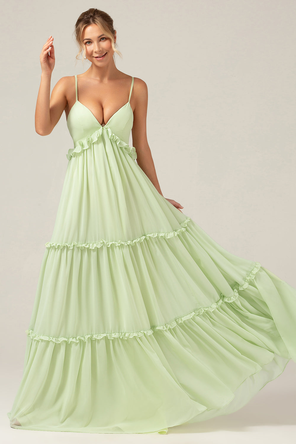 Light Green A-Line Spaghetti Straps Backless Long Bridesmaid Dress With Ruffles