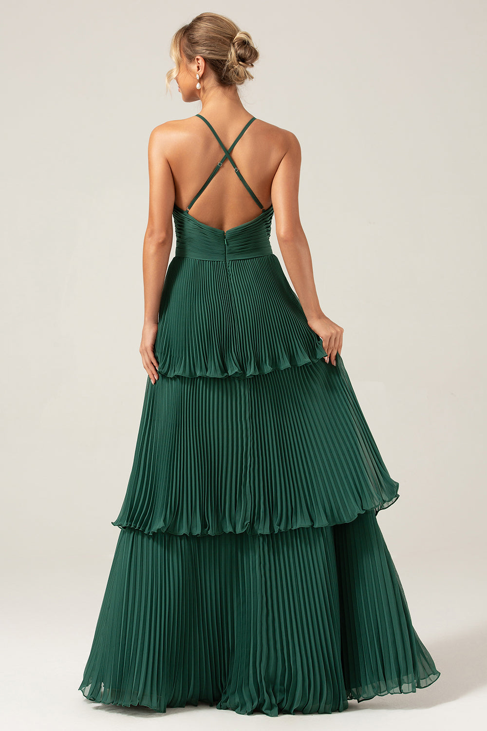 Dark Green A-Line Halter Tiered Floor Length Chiffon Long Bridesmaid Dress