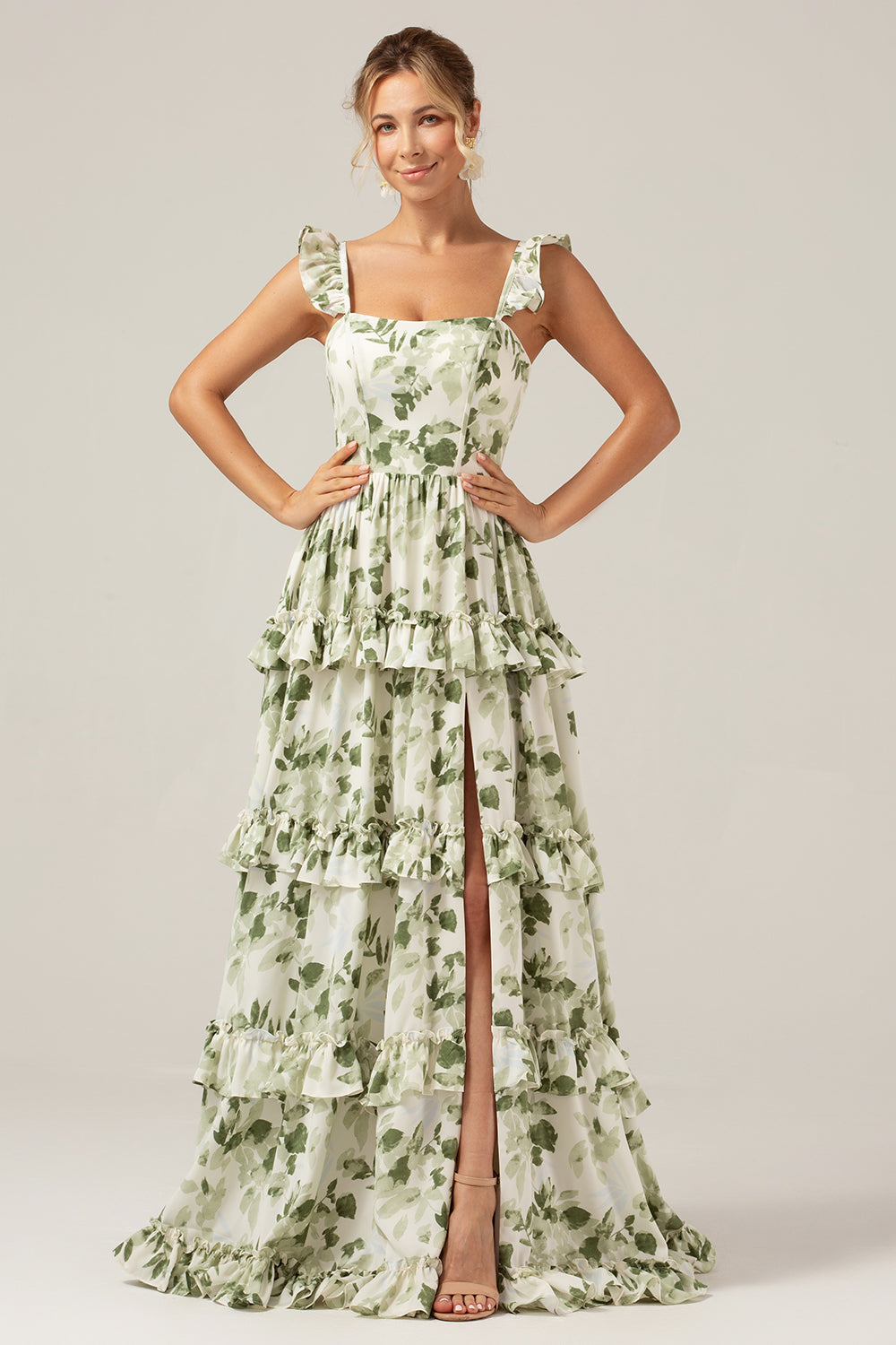 Green A-Line Printed Tiered Long Bridesmaid Dress With Slit