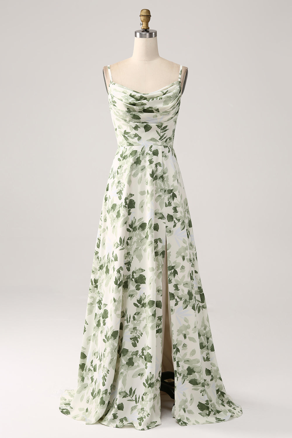 A-Line Cowl Neck Printed Long Green Bridesmaid Dress With Slit