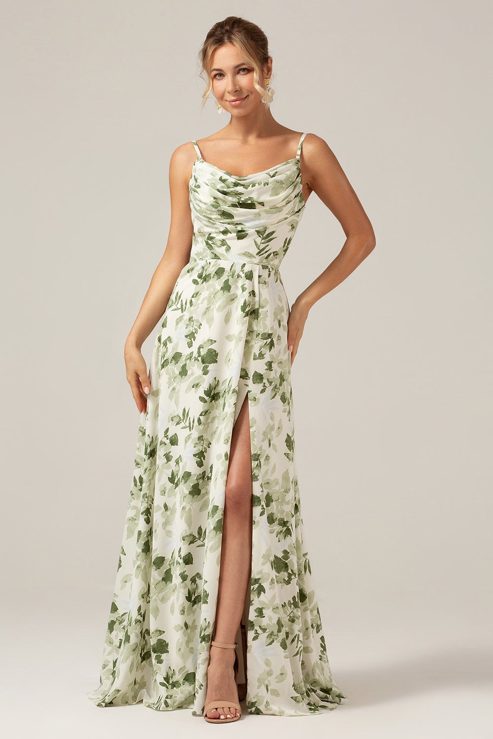 Green Printed A-Line Cowl Neck Long Bridesmaid Dress With Slit