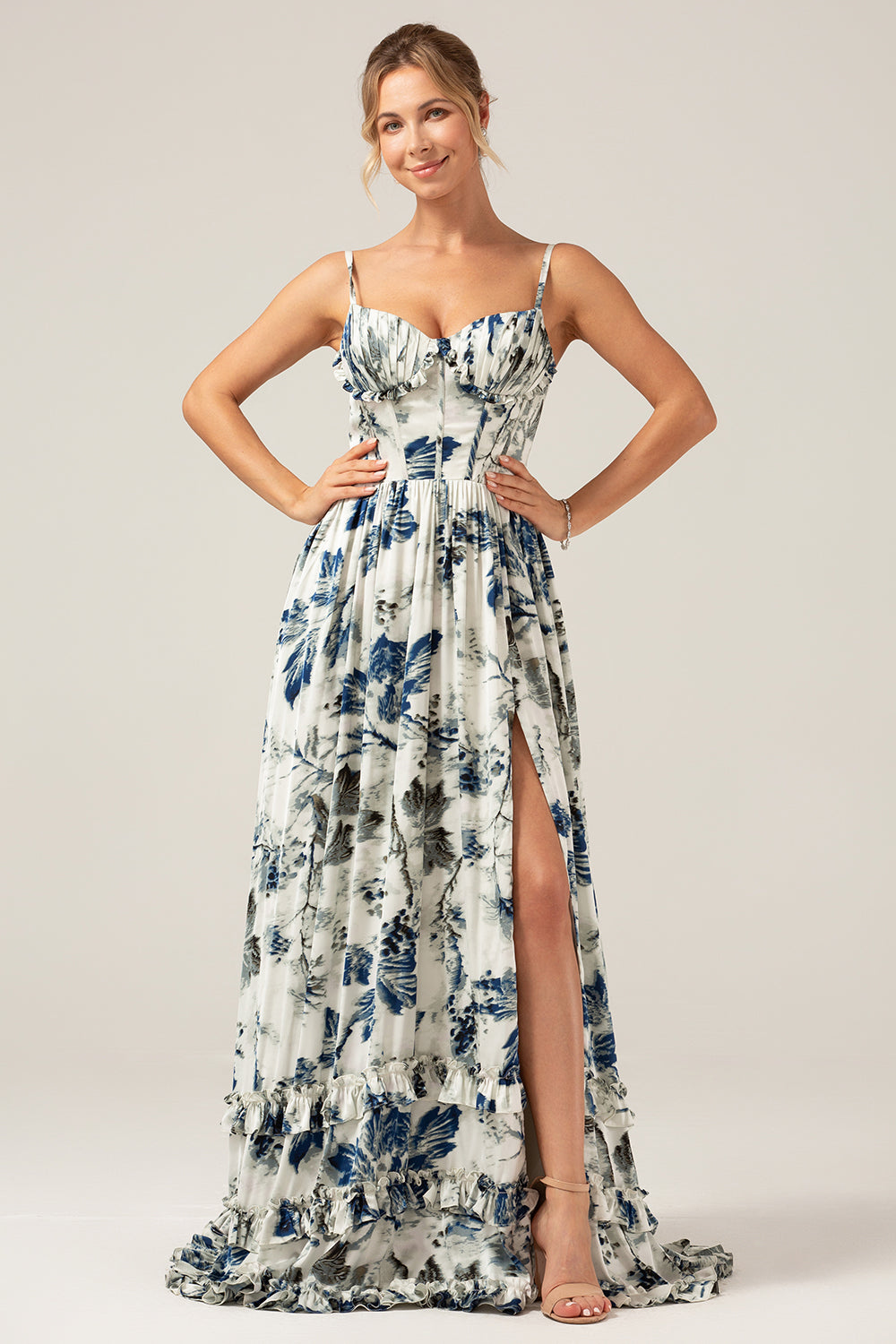 Blue Printed A-Line Spaghetti Straps Pleated Long Bridesmaid Dress With Slit