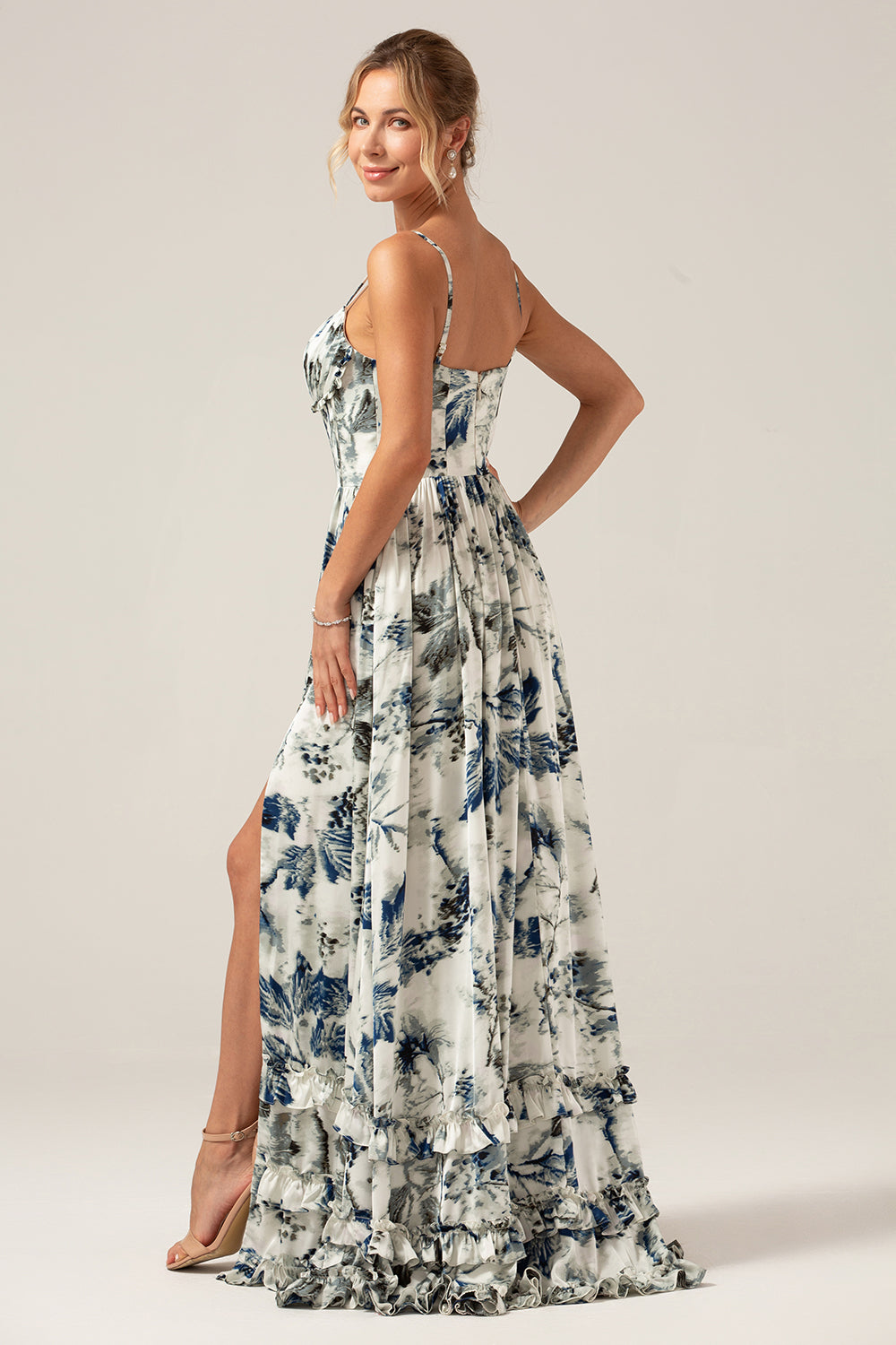 Blue Printed A-Line Spaghetti Straps Pleated Long Bridesmaid Dress With Slit