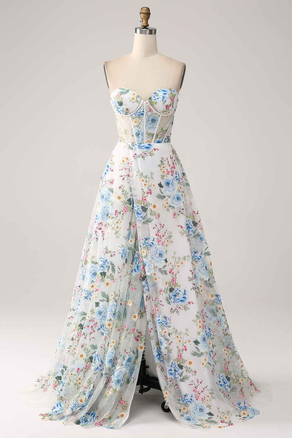 White Blue Flower A-Line Strapless Corset Long Prom Dress With Slit