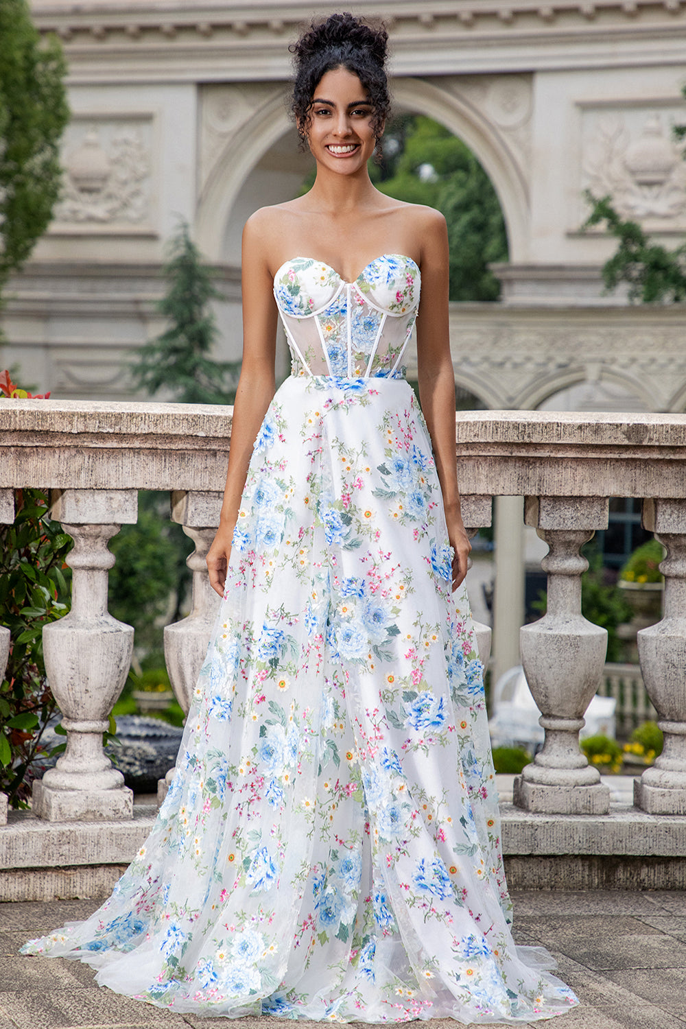 White Blue Flower A Line Sweetheart Corset Long Prom Dress With Slit