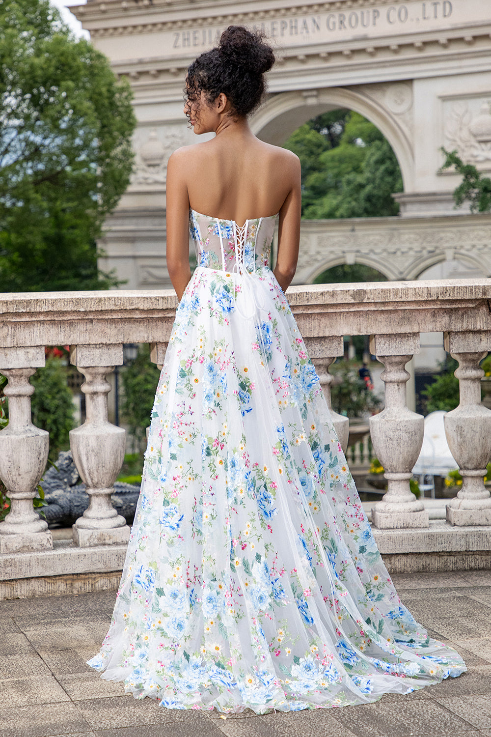 White Blue Flower A Line Sweetheart Corset Long Prom Dress With Slit