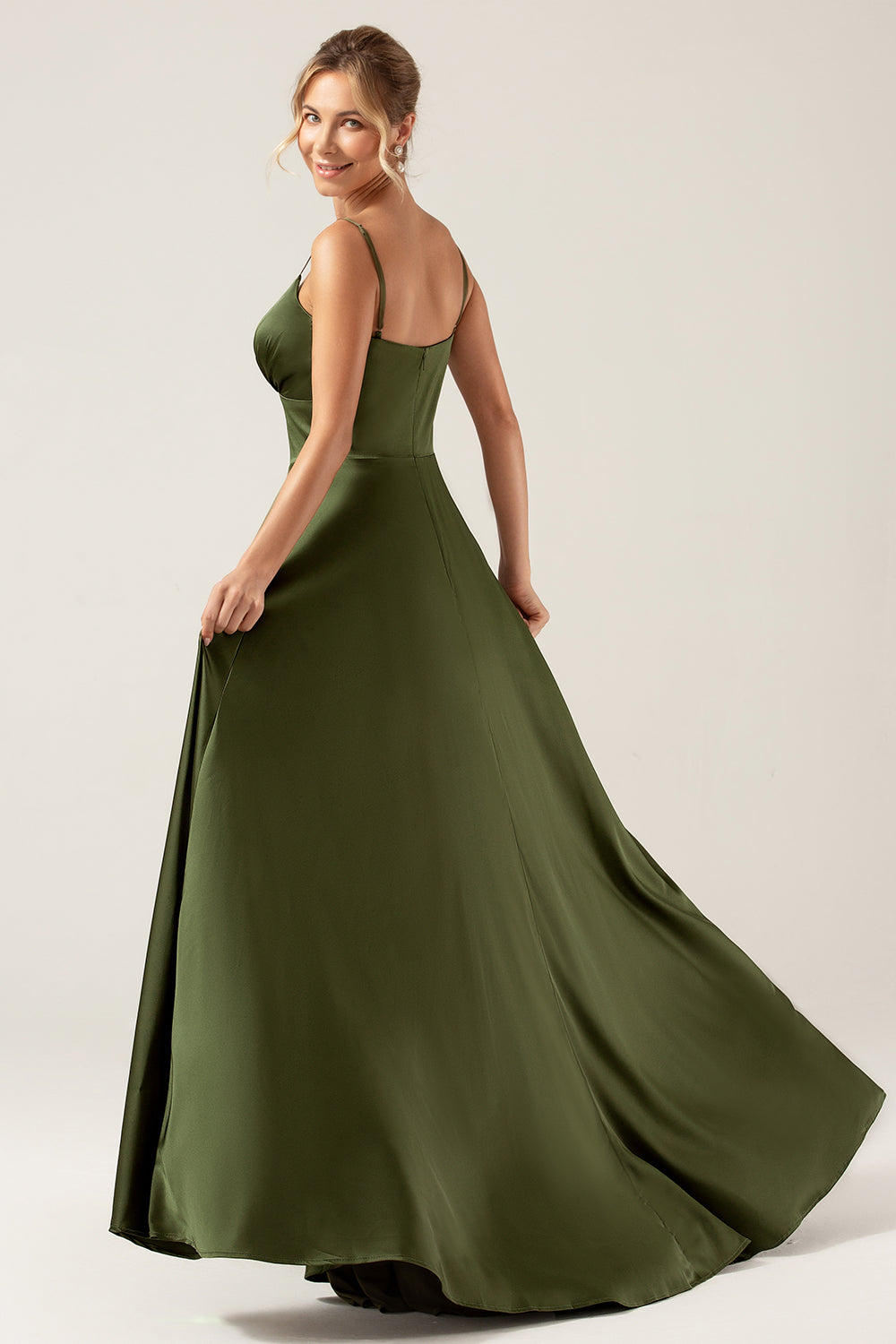 Olive A-Line Spaghetti Straps Long Bridesmaid Dress With Slit