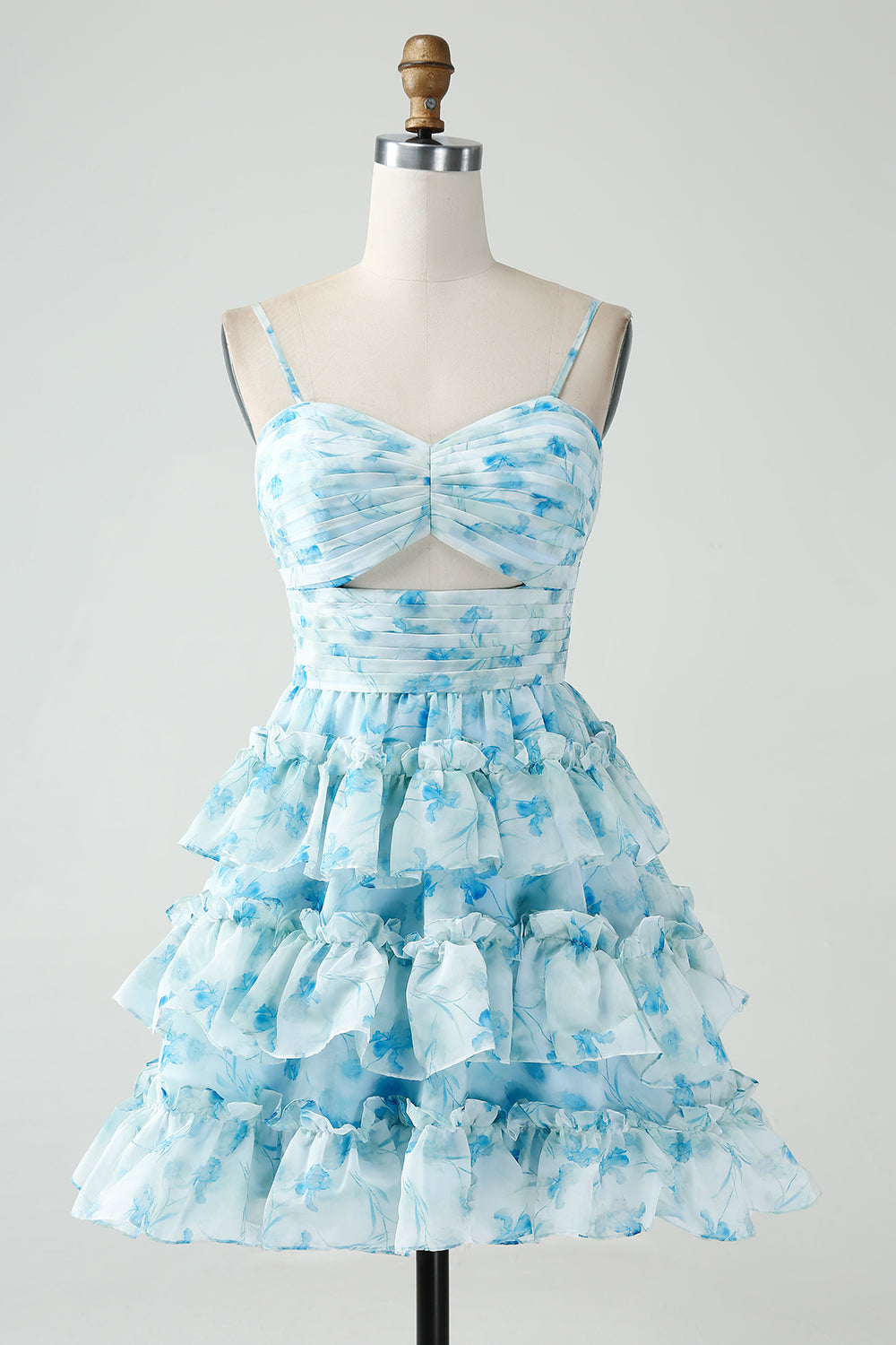 Blue Flower A-Line Tiered Pleated Hollow Out Short Homecoming Dress