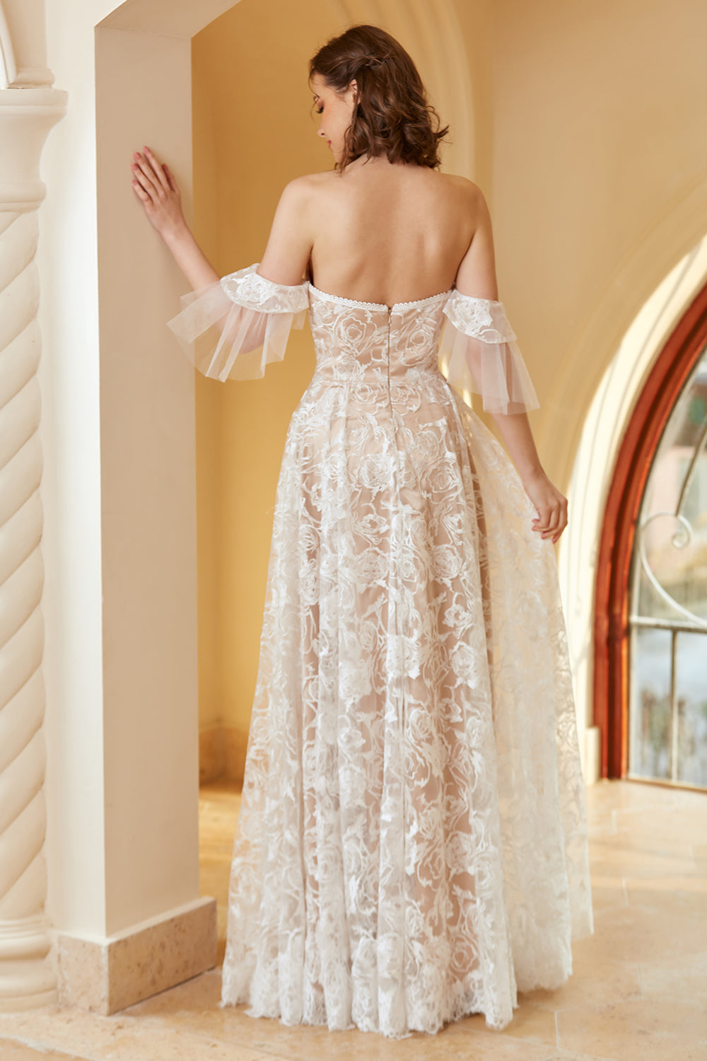 White Gorgeous A Line Off the Shoulder Lace Floor-Length Wedding Dress