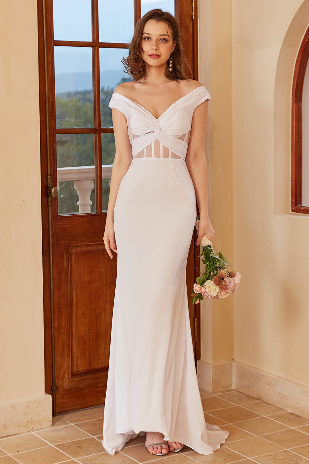 White Mermaid Off Shoulder Corset Floor-Length Wedding Dress