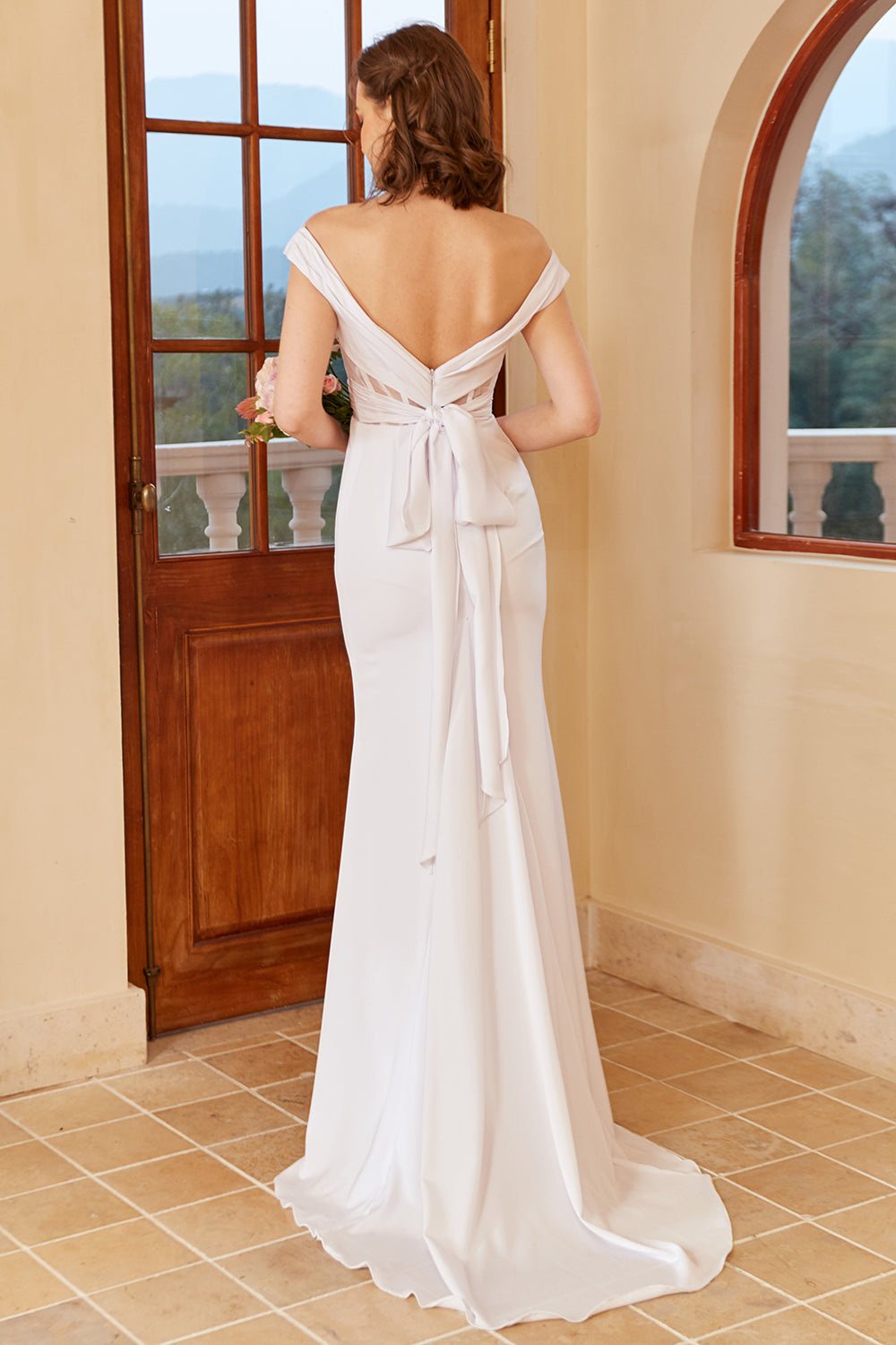 White Mermaid Off Shoulder Corset Floor-Length Wedding Dress