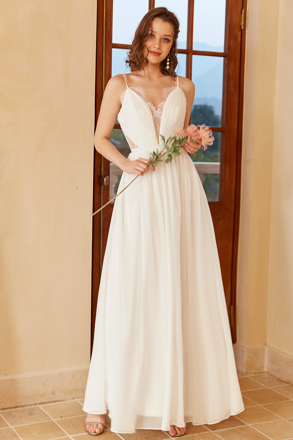 White A Line Spaghetti Straps Simple Floor-Length Wedding Dress