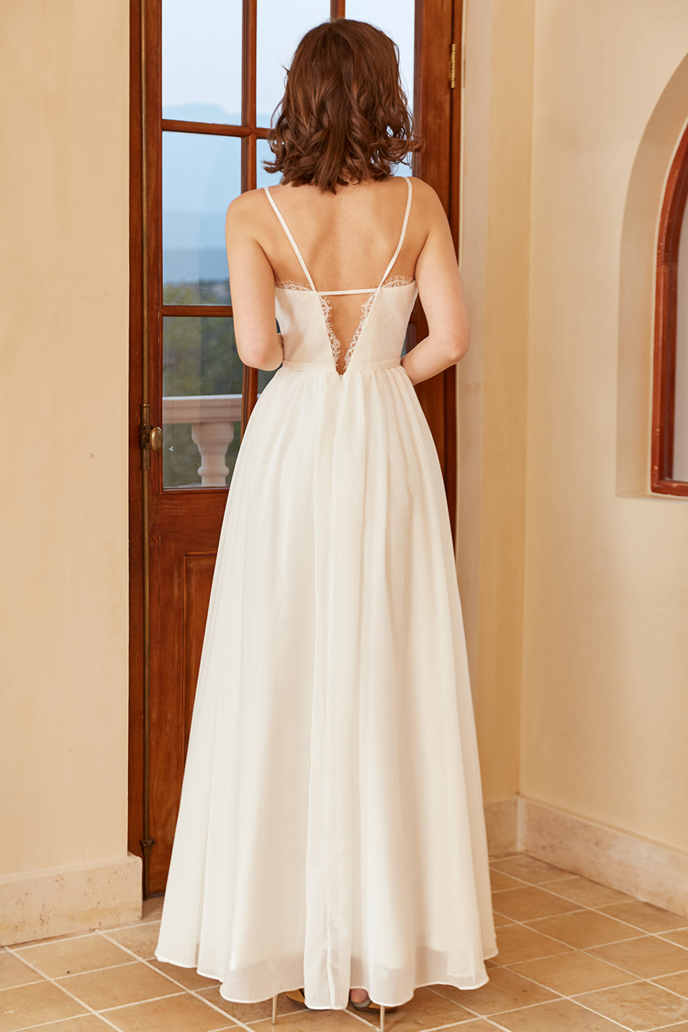 White A Line Spaghetti Straps Simple Floor-Length Wedding Dress