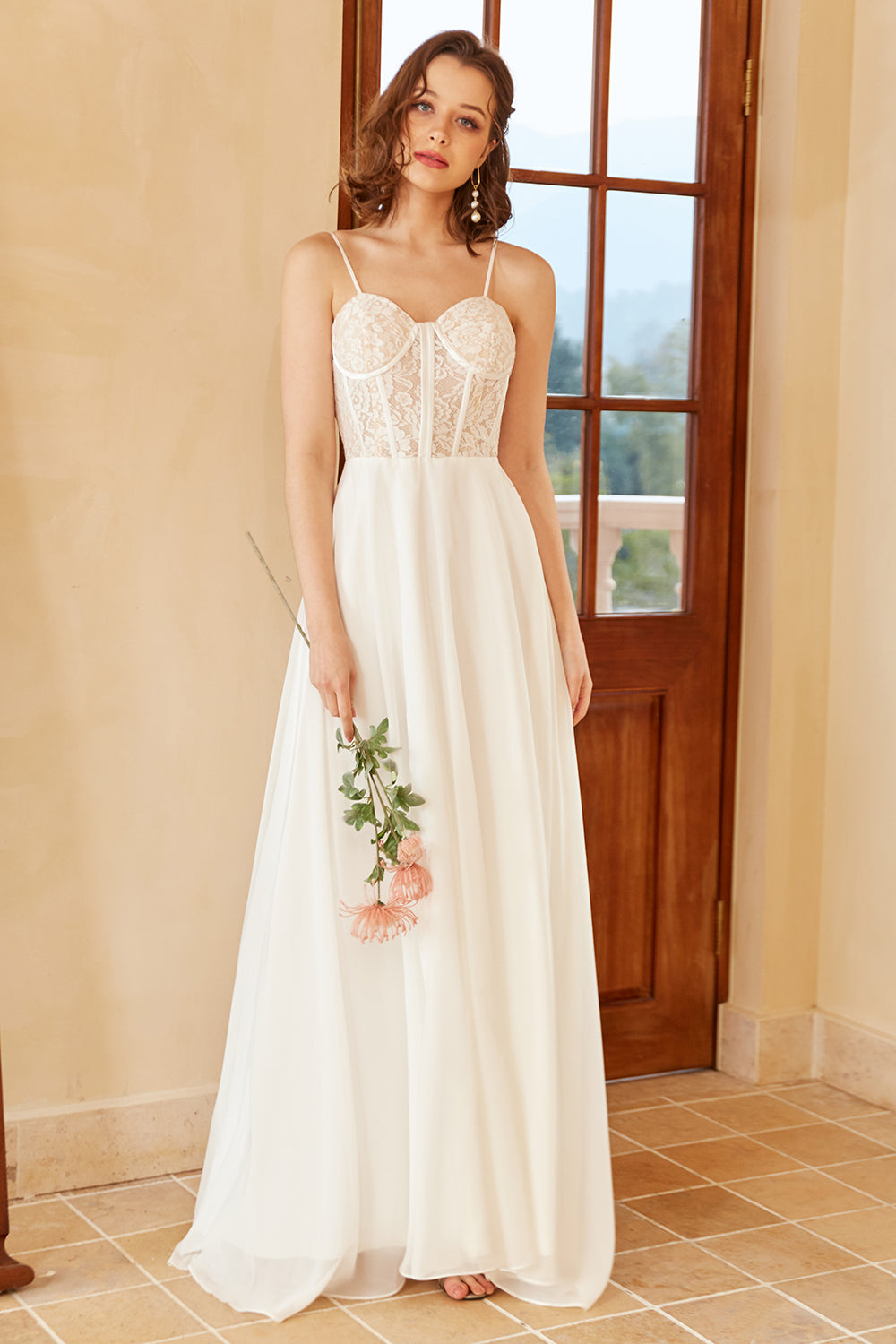 White Beautiful A Line Spaghetti Straps Floor-Length Wedding Dress with Appliques