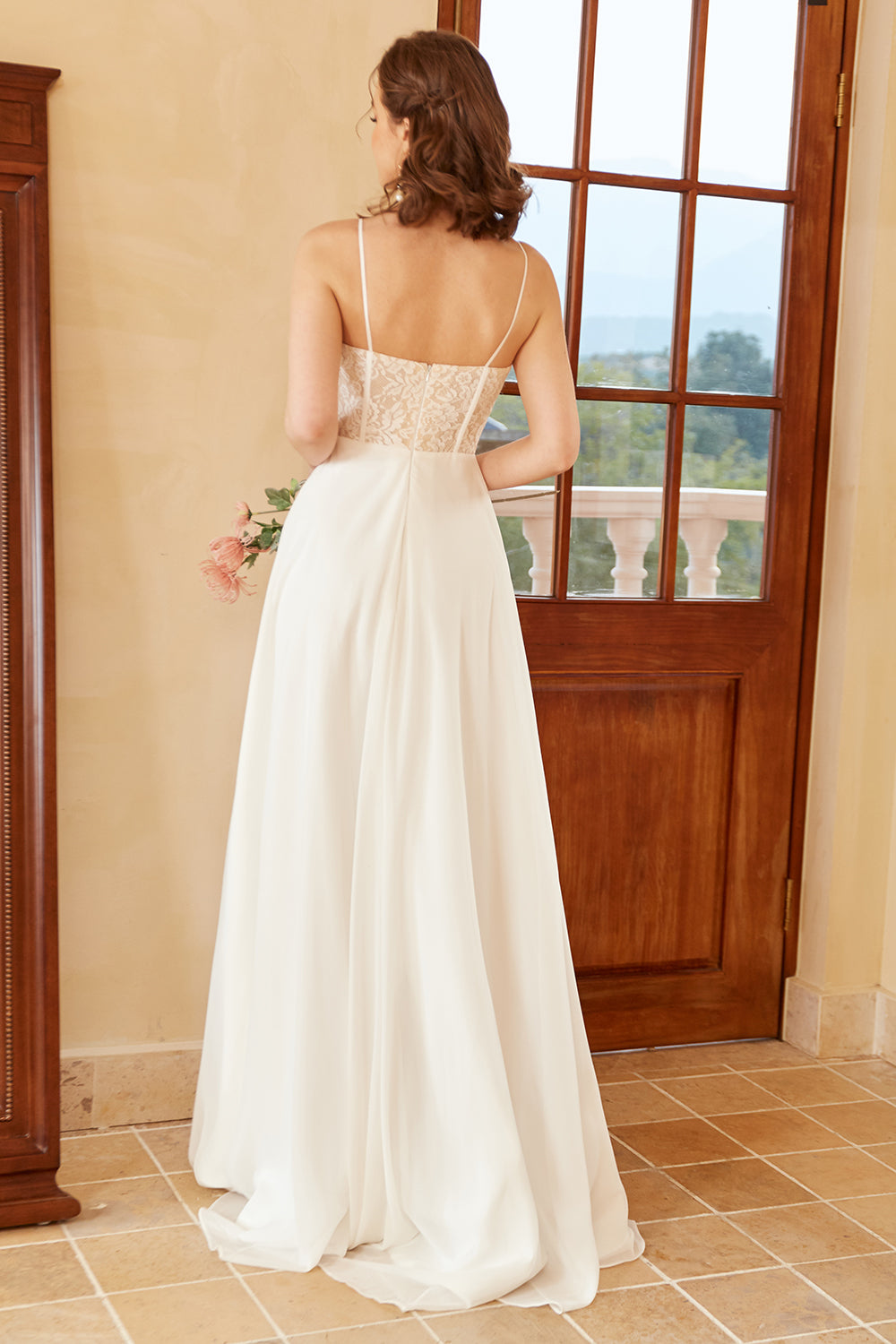 White Beautiful A Line Spaghetti Straps Floor-Length Wedding Dress with Appliques