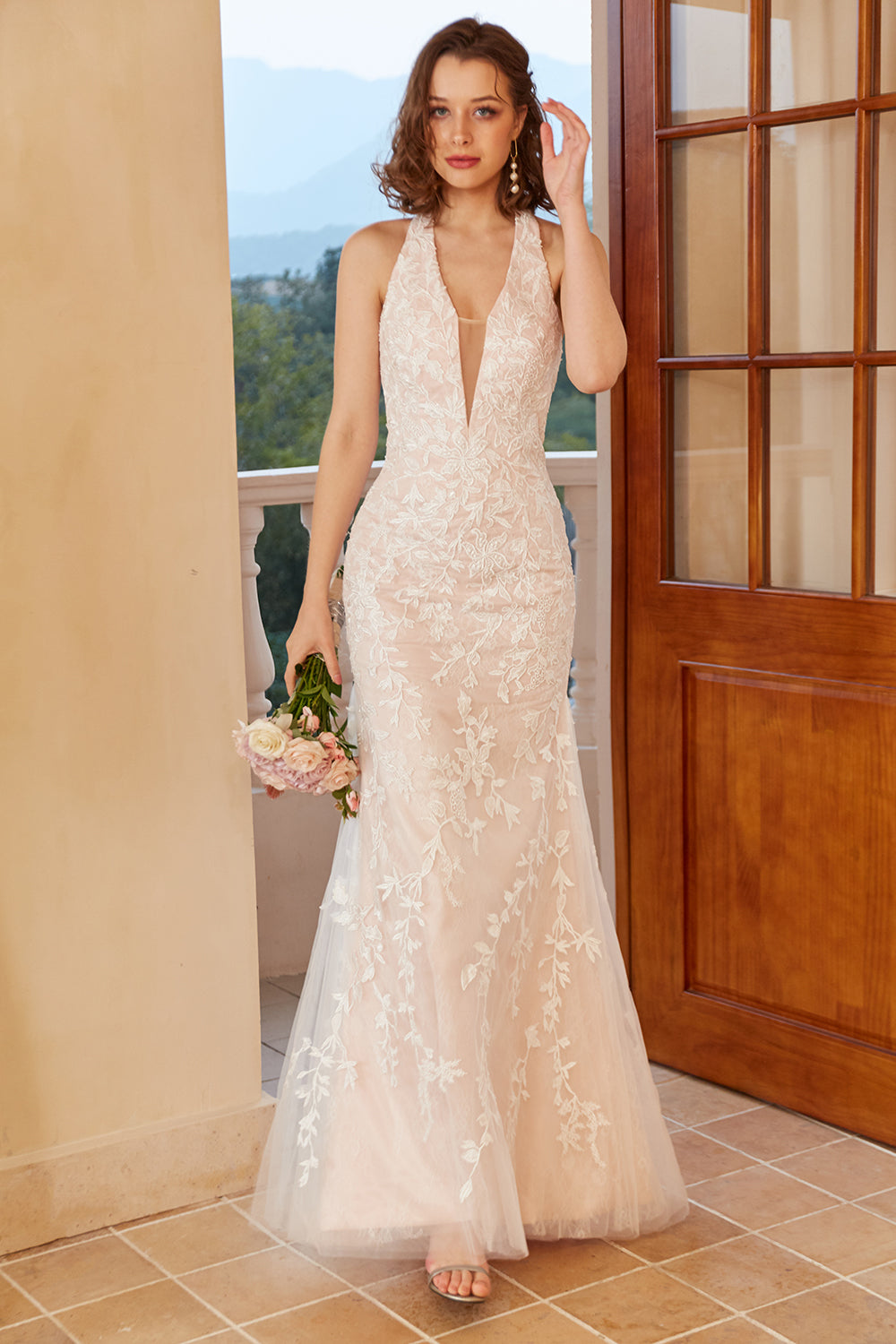 White Mermaid Deep V Neck Lace Wedding Dress with Appliques