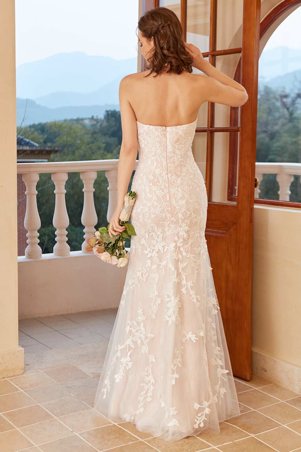 White Mermaid Deep V Neck Lace Wedding Dress with Appliques