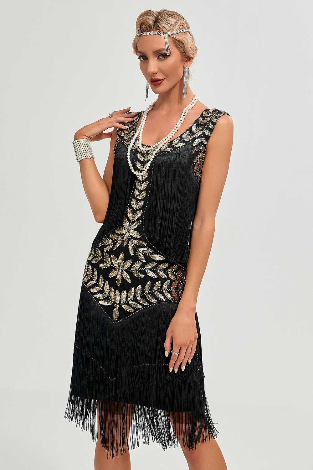 Black Gatsby Flapper Dress with Sequins and Fringes