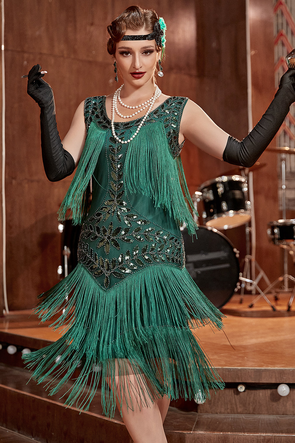 Dark Green Gatsby Party Dress with Sequins and Fringes