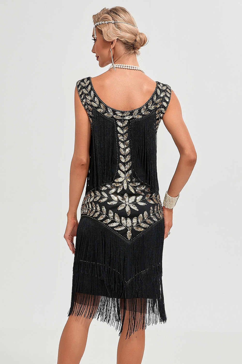 Black Gatsby Flapper Dress with Sequins and Fringes