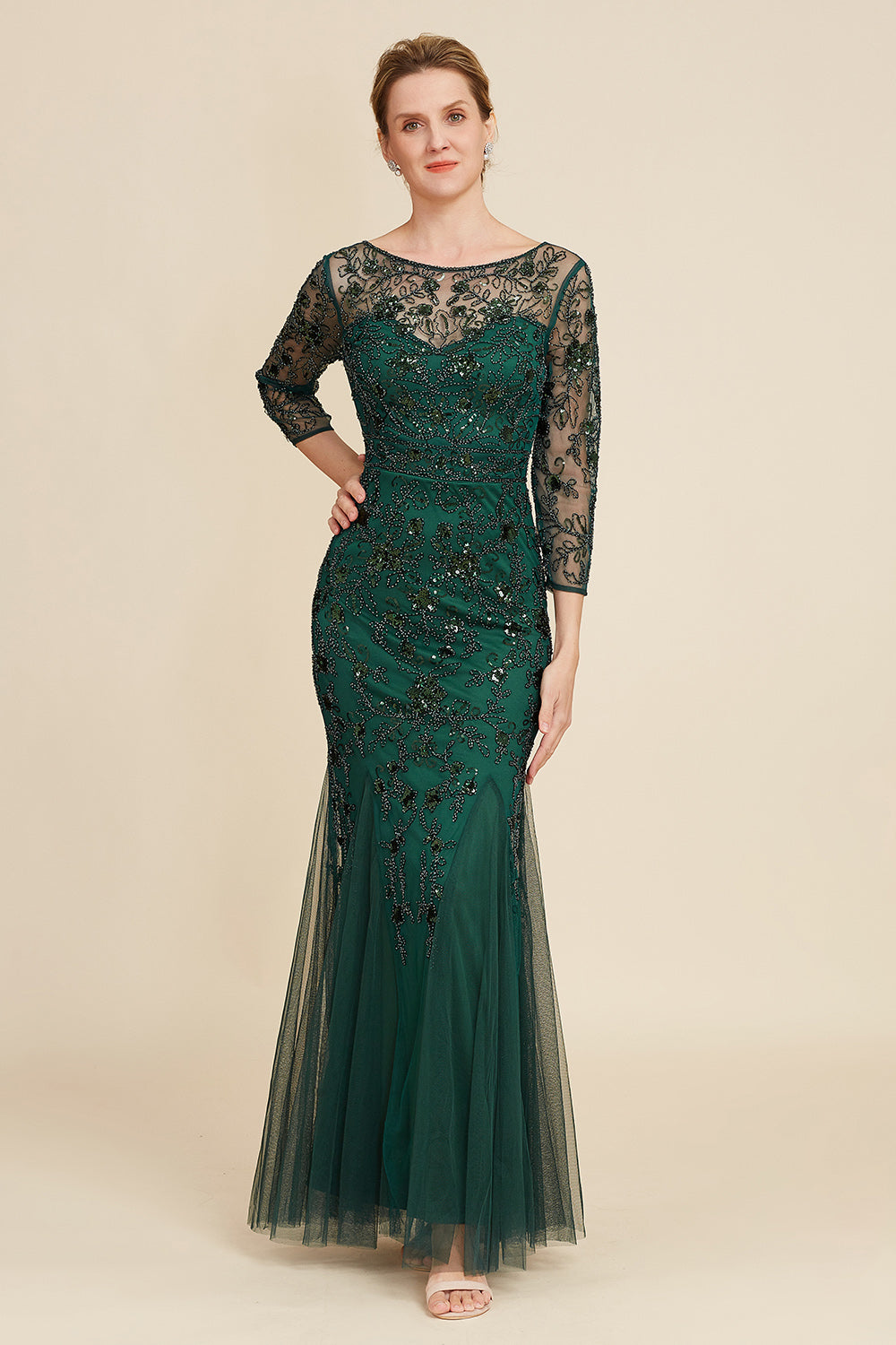 Dark Green Mermaid Beading Long Mother of Bride Dress with Long Sleeves