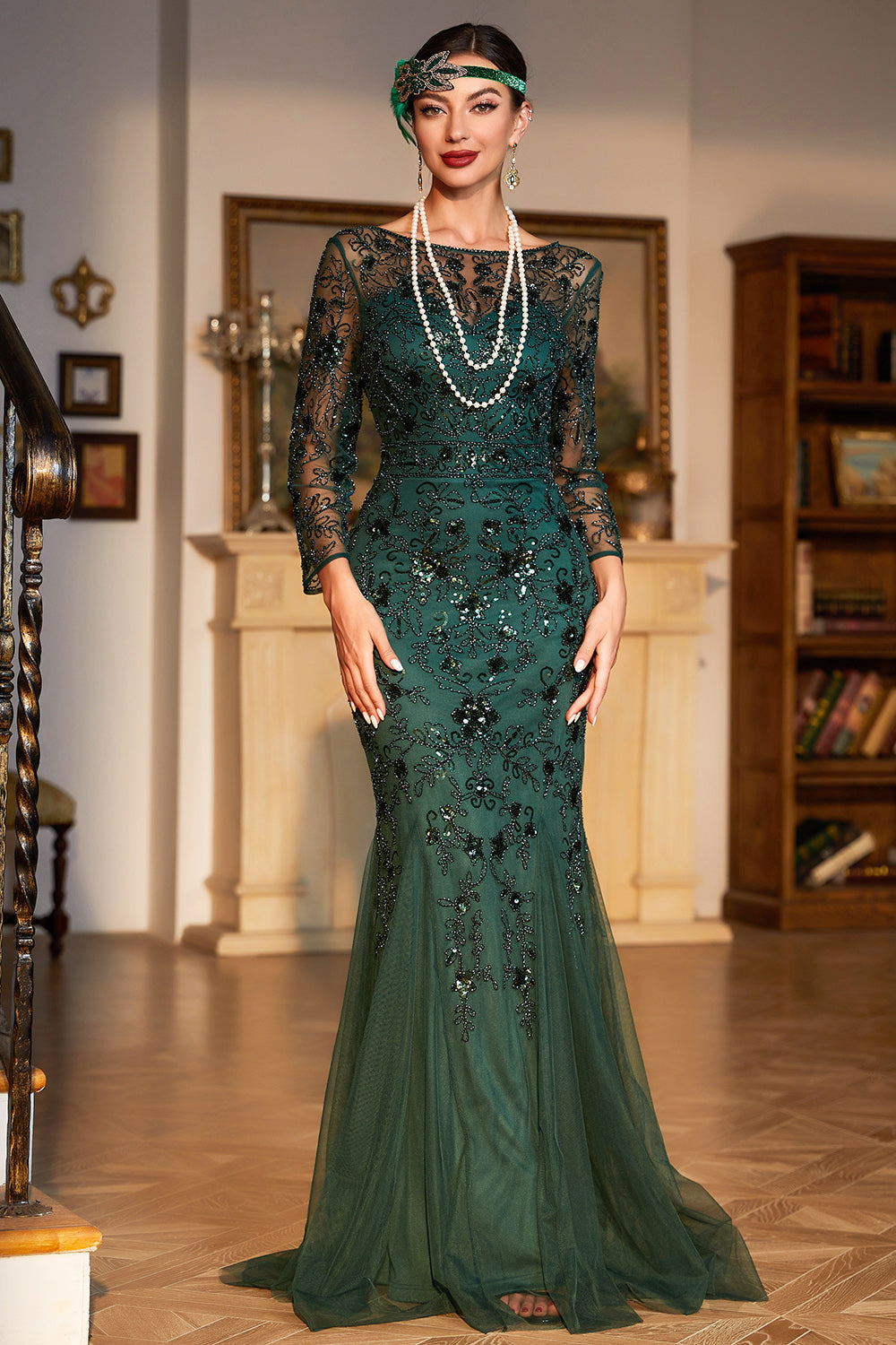 Dark Green Mermaid Long Sleeves Fringed Beaded Party Dress With Sequins