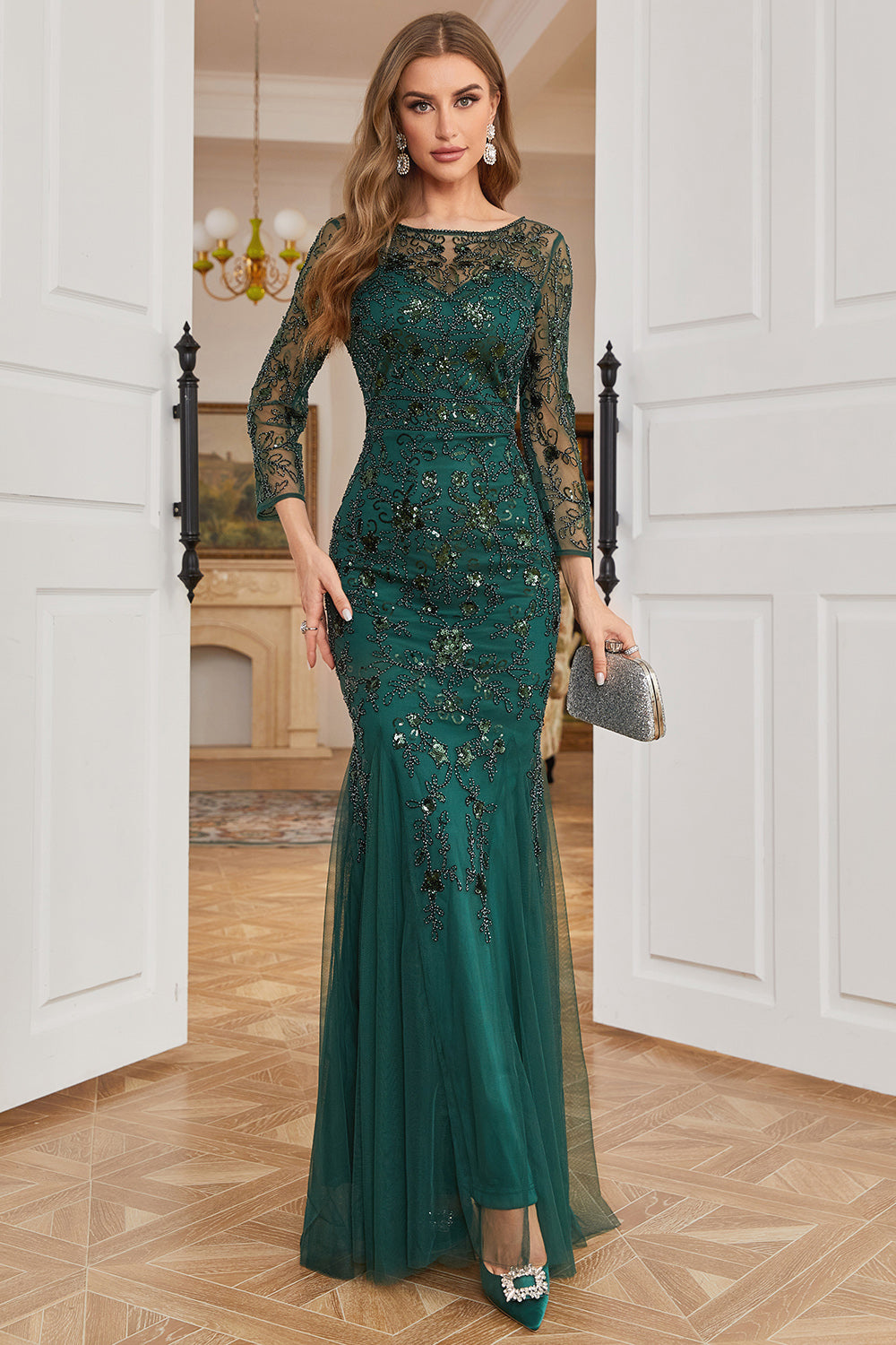 Dark Green Mermaid Beading Prom Dress with Long Sleeves